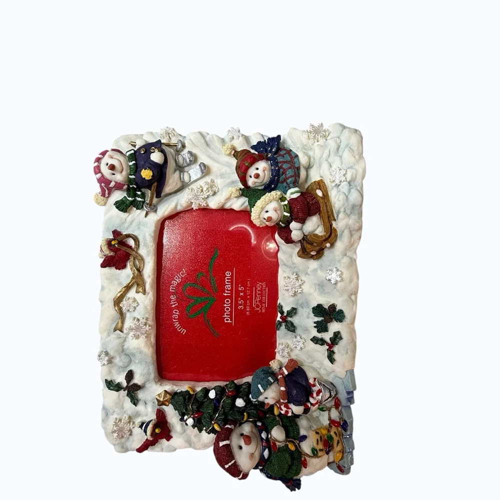 JCPenney Christmas Snowman Picture Frame 3.5 5” White Red